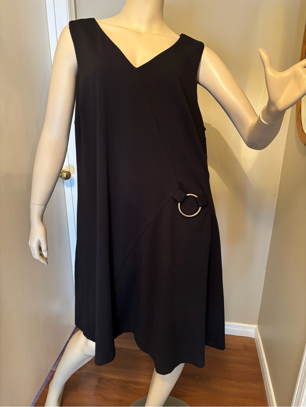 Michel Studio Black V-Neck Sleeveless A-Line Dress with Ring Accent